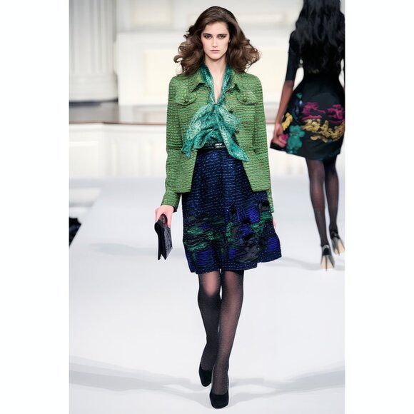 Oscar de la Renta Tweed, Velvet & Silk Midi Skirt - Size 12 - Picture 1 of 16